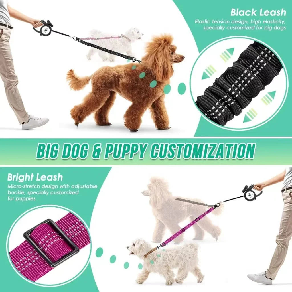 Two Dog Lead, Double Dog Leash Attachment, Adjustable Shock Absorbing Bungee Coupler for Walking Two Dogs, Reflective No Tangle Leash