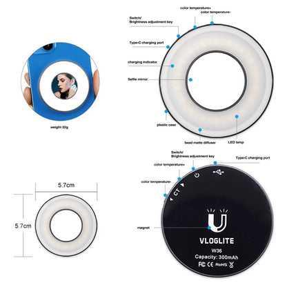 Magnetic Clip-on Smartphone Selfie Light LED Ring Fill Light for MagSafe iPhone 12/13/14 Series & Android, Rechargeable