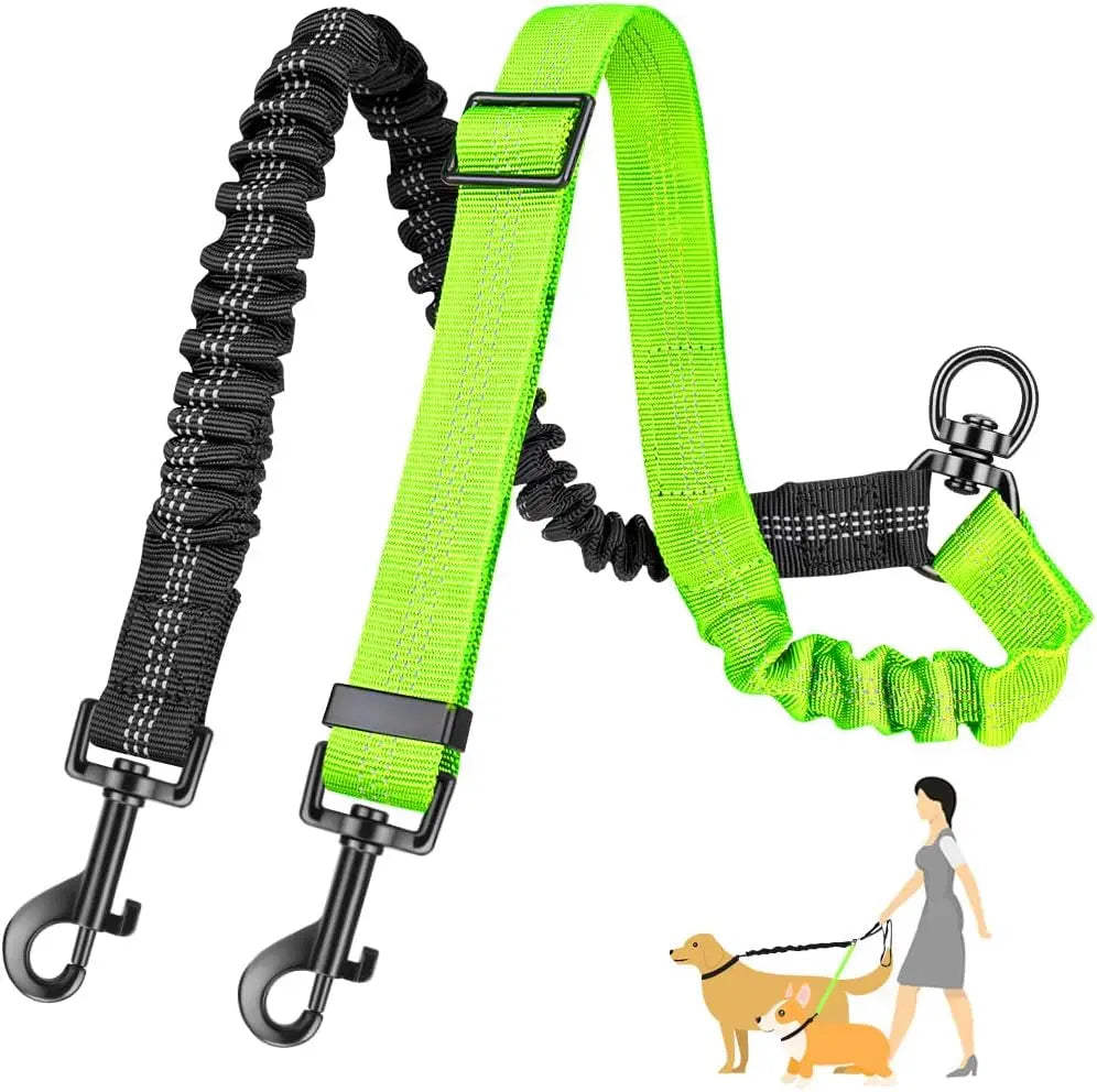 Two Dog Lead, Double Dog Leash Attachment, Adjustable Shock Absorbing Bungee Coupler for Walking Two Dogs, Reflective No Tangle Leash