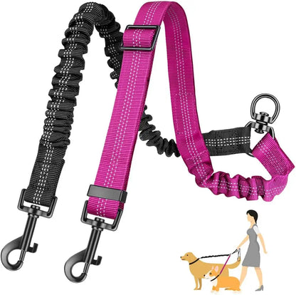 Two Dog Lead, Double Dog Leash Attachment, Adjustable Shock Absorbing Bungee Coupler for Walking Two Dogs, Reflective No Tangle Leash