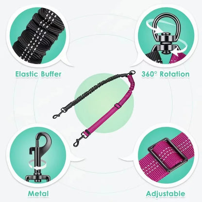 Two Dog Lead, Double Dog Leash Attachment, Adjustable Shock Absorbing Bungee Coupler for Walking Two Dogs, Reflective No Tangle Leash