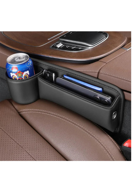Car Seat Gap Filler – Universal Leather Storage Box with Cup Holder & Adjustable Organizer