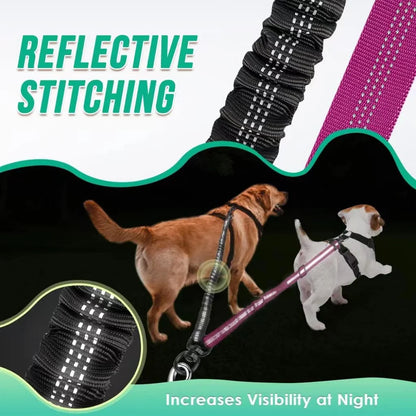 Two Dog Lead, Double Dog Leash Attachment, Adjustable Shock Absorbing Bungee Coupler for Walking Two Dogs, Reflective No Tangle Leash