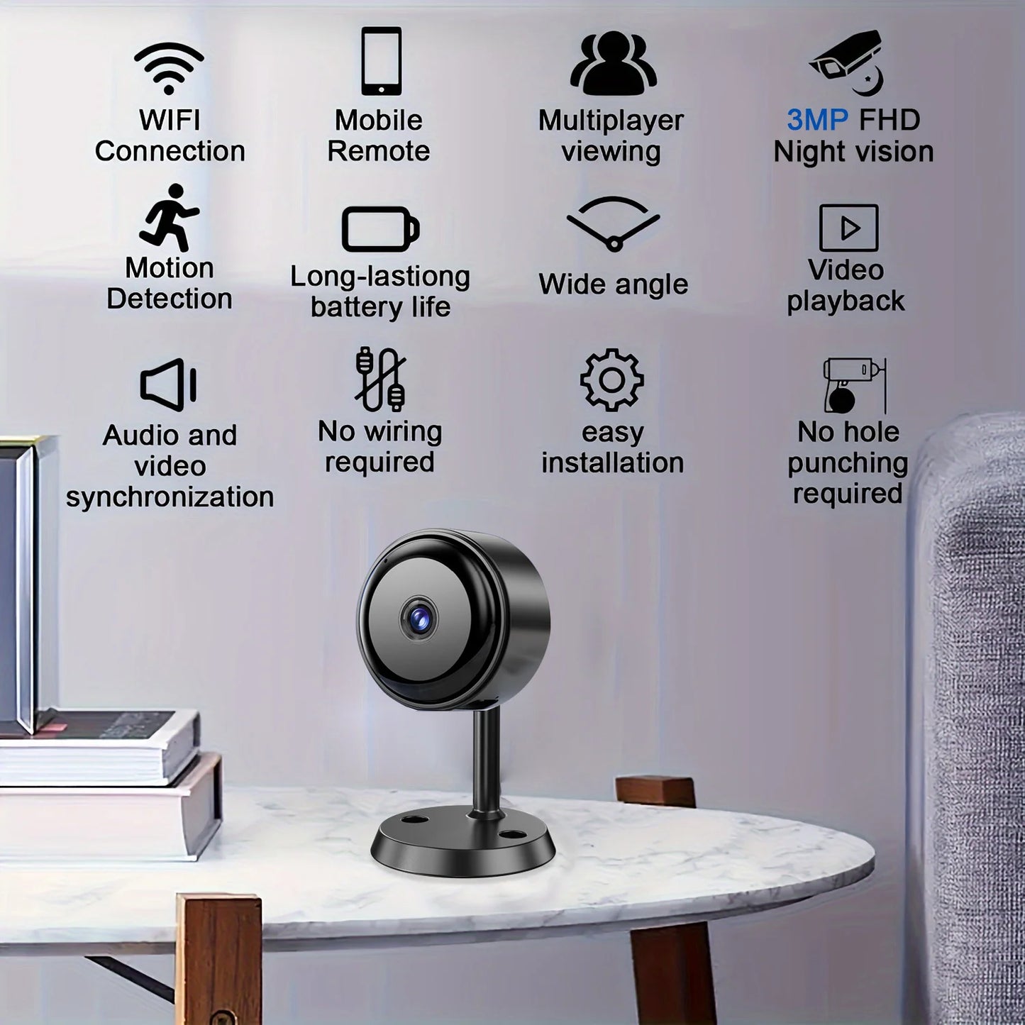 2K/3MP Mini Wireless FHD Surveillance Camera with Night Vision, Motion Detection, and Remote Monitoring