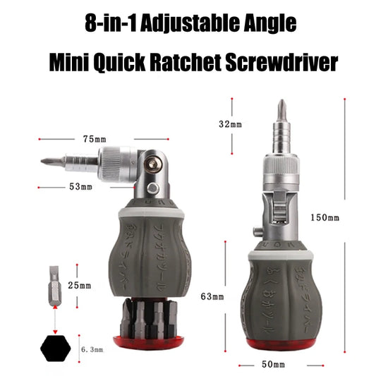 Multifunctional 8-in-1 Ratchet Screwdriver – 180° Adjustable Angle Mini Maintenance Tool Set