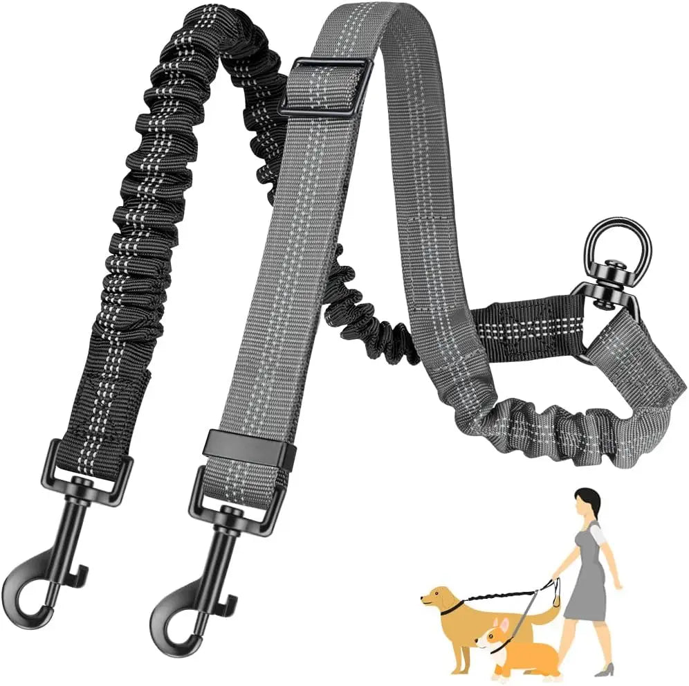 Two Dog Lead, Double Dog Leash Attachment, Adjustable Shock Absorbing Bungee Coupler for Walking Two Dogs, Reflective No Tangle Leash
