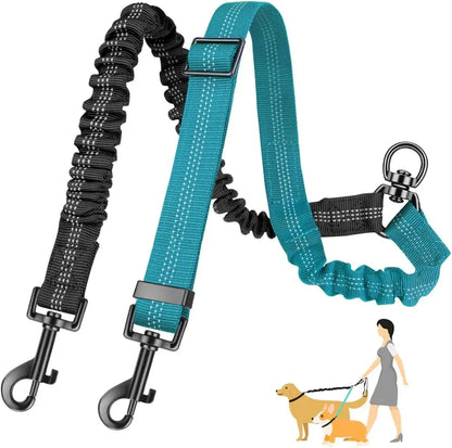 Two Dog Lead, Double Dog Leash Attachment, Adjustable Shock Absorbing Bungee Coupler for Walking Two Dogs, Reflective No Tangle Leash