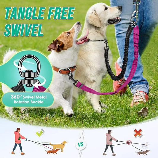 Two Dog Lead, Double Dog Leash Attachment, Adjustable Shock Absorbing Bungee Coupler for Walking Two Dogs, Reflective No Tangle Leash